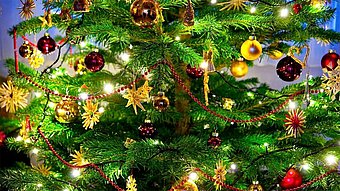 Weihnachtsbaum mit Lichterkette, roten Kugeln, Strohsternen und roten Perlenketten geschmückt.