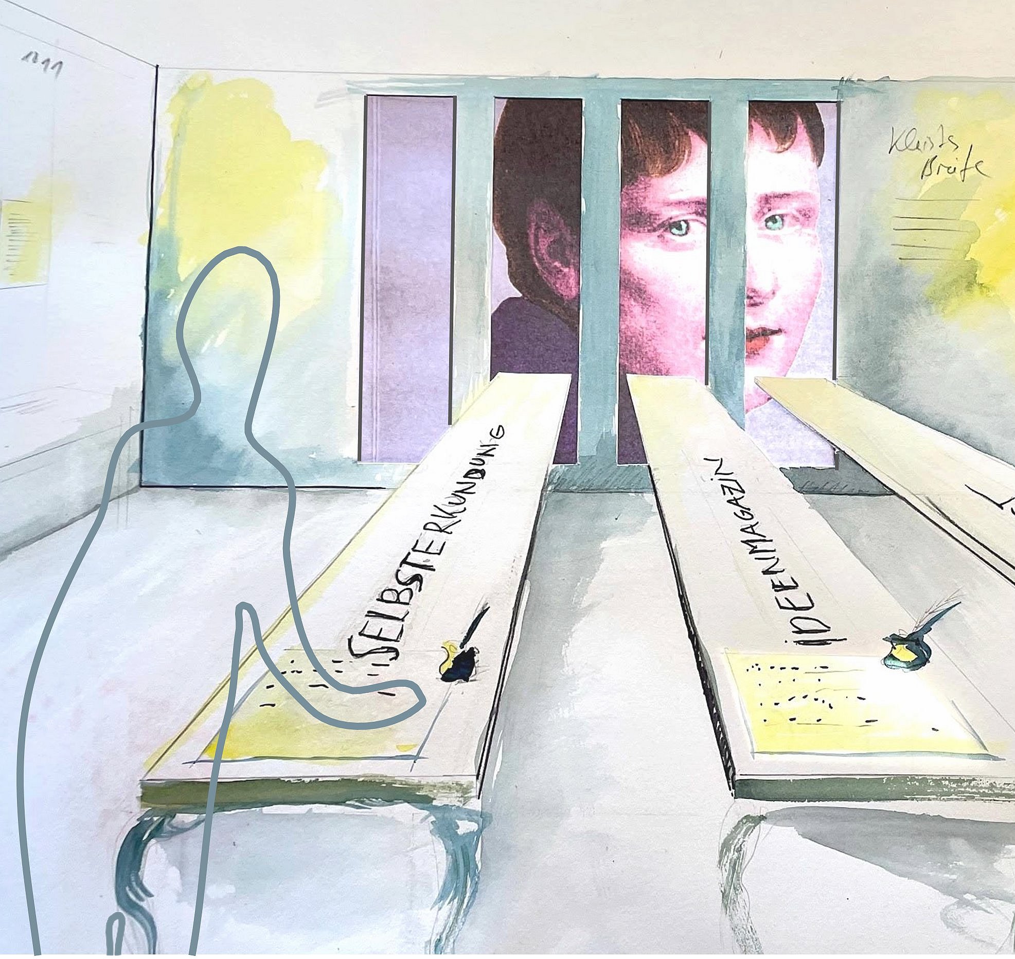 Skizze eines Ausstellungsraums mit drei langen Tischen, auf denen jeweils ein gelbes Blatt mit den Beschriftungen „SELBSTERKUNDUNG“, „IDEENMAGAZIN“ und „GESCHÄFTSPOST“ liegt, im Hintergrund mehrere Ausstellungswände mit Texten und Bildern und einem gemalten bunten Portrait Heinrich von Kleists