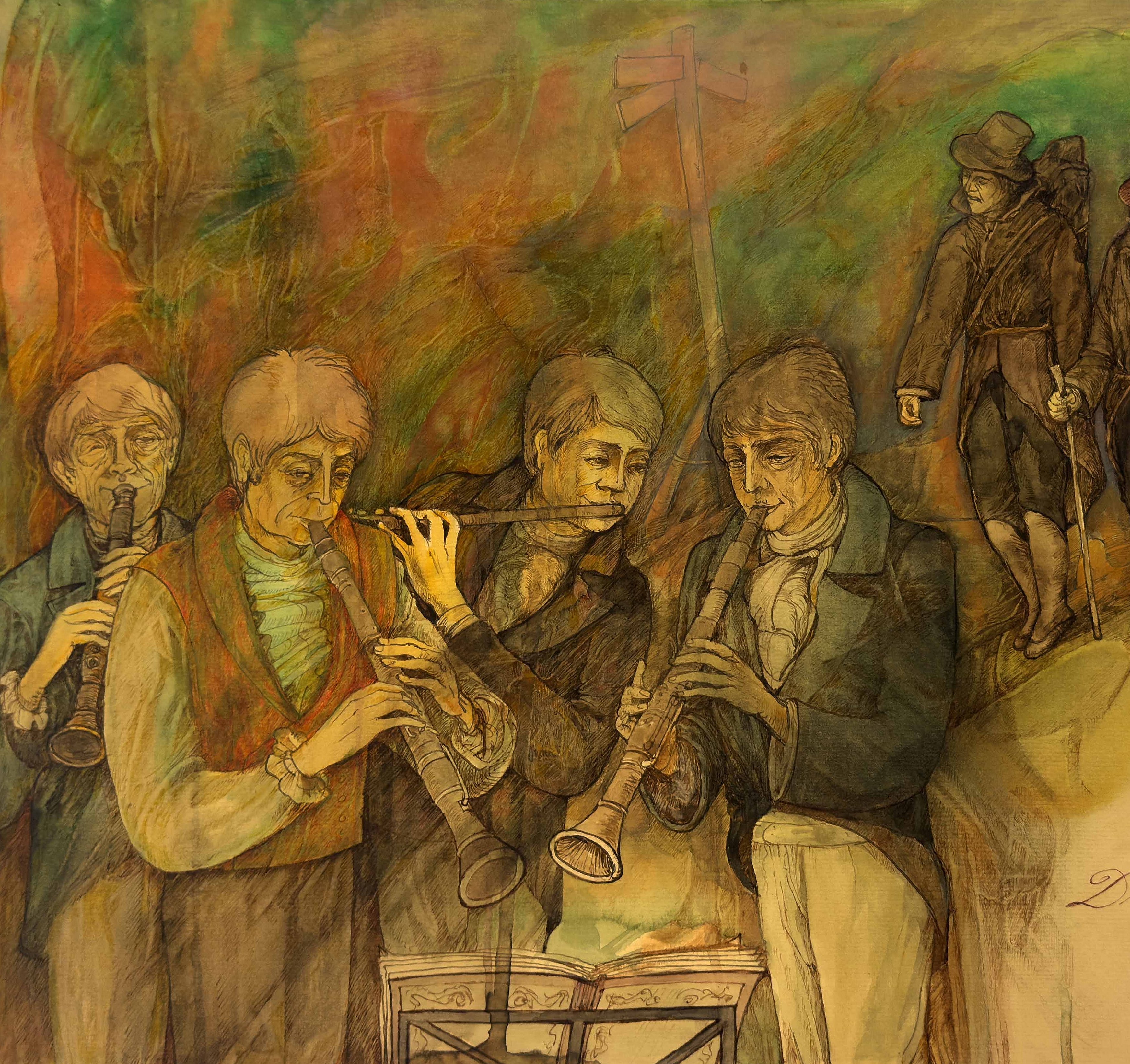 Aquarellzeichnung mit mehreren musizierenden Personen im Vordergrund. Die Figuren halten verschiedene Blasinstrumente und stehen eng beieinander. Im Hintergrund sind zwei weitere Personen auf einem erhöhten Bereich zu sehen. Die Farbgebung ist überwiegend in warmen Braun-, Grün- und Gelbtönen gehalten.